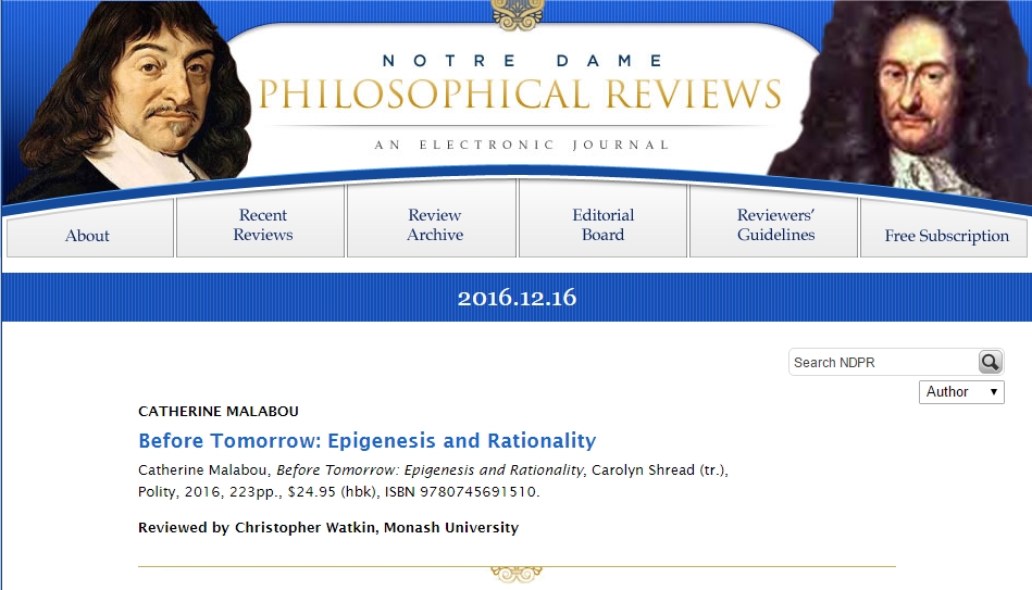 My review of Catherine Malabou’s Before Tomorrow now available at Notre Dame Philosophical Reviews